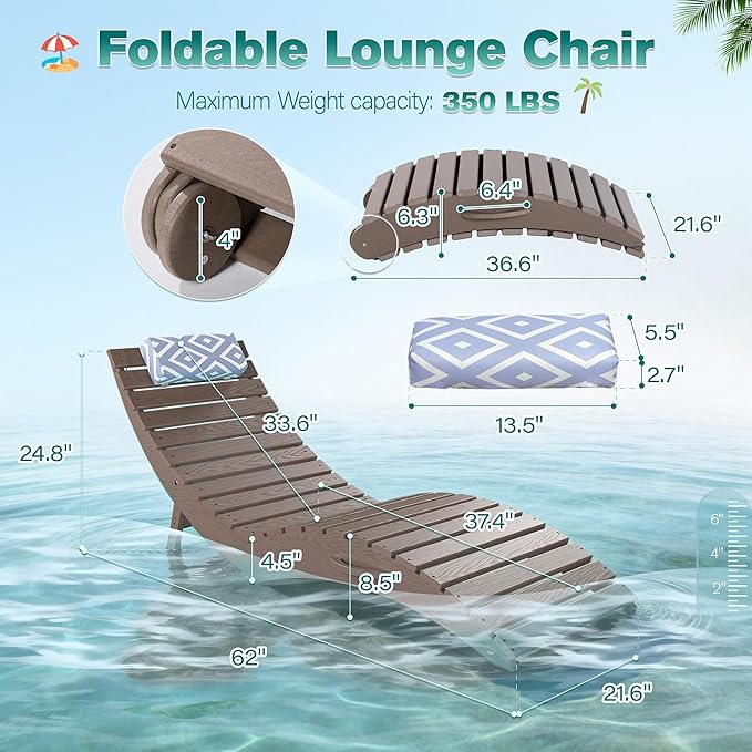 nalone Folding Pool Lounge Chair, HDPE Outdoor Pool Chaise Lounge with Pillow - Photo 3