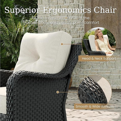 7 Piece Patio Furniture Set with Fire Pit Table, All-Weather Wicker Outdoor Conversation Set with Swivel Rocking Chair and 6 Inch Thick Cushions
