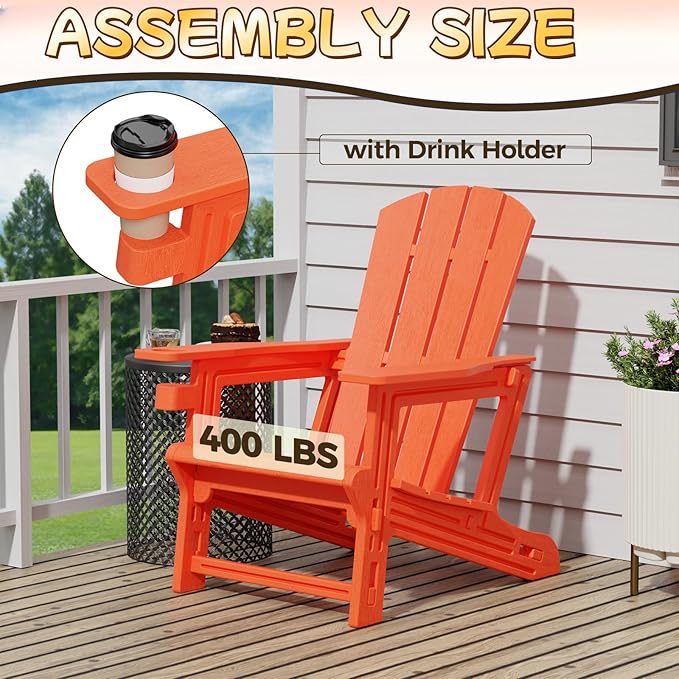 Adirondack Chair, Plastic Patio Chair Cup Holder Without Screws Install, Outdoor Chair 400 LBS Capacity, Weather Resistant for Garden Backyard Lawn Beach (Orange)