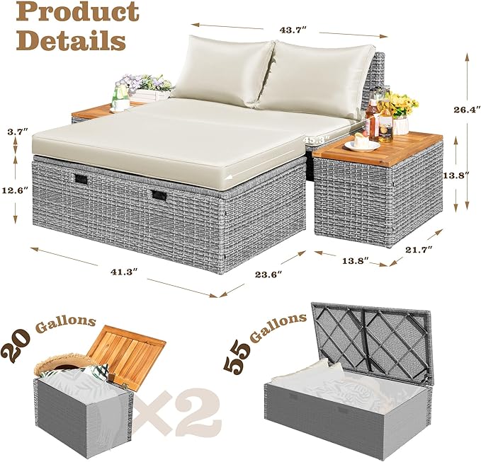 Flamaker Outdoor Rattan Daybed with 2 Side Tables, Multifunctional Wicker Patio Sofa with Storage Ottoman, Cushions - Photo 4