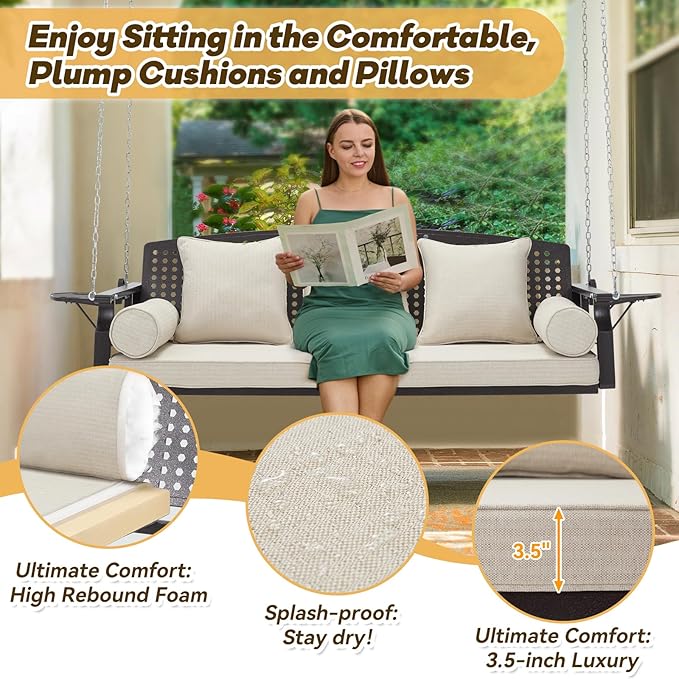 3 Seat Porch Swing, Patio Swing Bench with Cup Holders & 3 Back Cushions - Photo 4