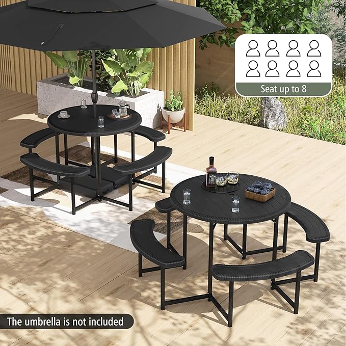 Giantex Picnic Table Bench Set for 4-8 Person, Round 37” Outdoor Dining Table w/Umbrella Hole, HDPE Tabletop - Photo 3