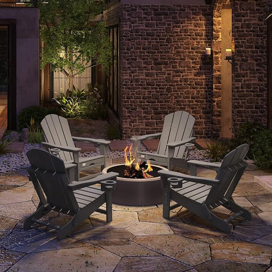 Mdeam Folding Adirondack Chair with Retractable Ottoman, HDPE All-Weather Fire Pit Chair with 2 Cup Holders, Outdoor Chair for Deck Patio Garden Backyard Lawn (Grey)