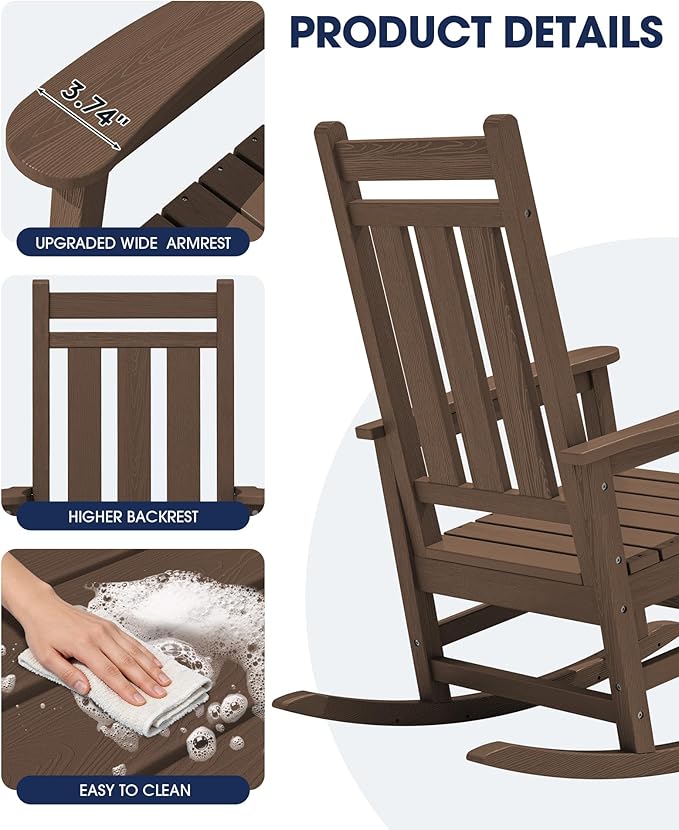 KINGYES Oversized Outdoor Rocking Chair, All-Weather Patio Rocking Chairs for Porch, HDPE Outdoor Patio Rockers with High Back & Wide Seat for Garden, Lawn, Coffee