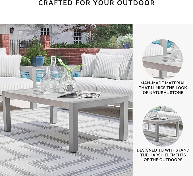 Signature Design by Ashley Moonlight View Contemporary Outdoor Fade and Rust Resistant Coffee Table with Stone Tabletop, Light Gray