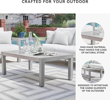 Signature Design by Ashley Moonlight View Contemporary Outdoor Fade and Rust Resistant Coffee Table with Stone Tabletop, Light Gray