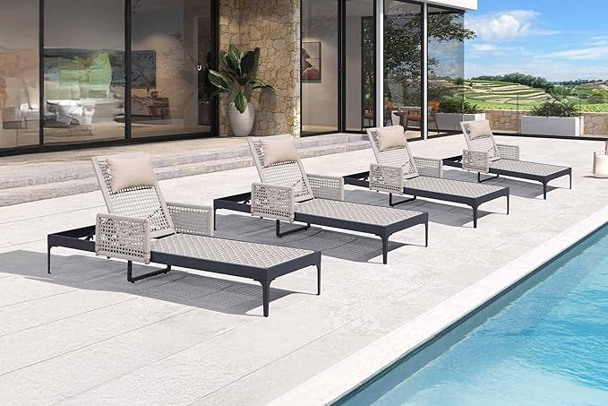 PURPLE LEAF 4 Pieces Outdoor Chaise Lounge Set Rattan Wicker Lounger with Arms Poolside Furniture Adjustable Recliners - Photo 2