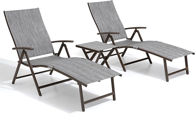 Crestlive Products 2PCS Chaise Lounge Chair Outdoor with 1PC Side Table, Aluminum Folding Patio Recliner Chair, Adjustable 8 Positions Assemble-Free