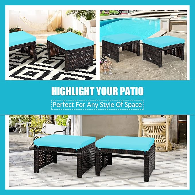 Tangkula 2 Pieces Patio Rattan Ottomans, All Weather Outdoor Footstool Footrest Seat with Soft Cushion, Hidden Zipper - Photo 9
