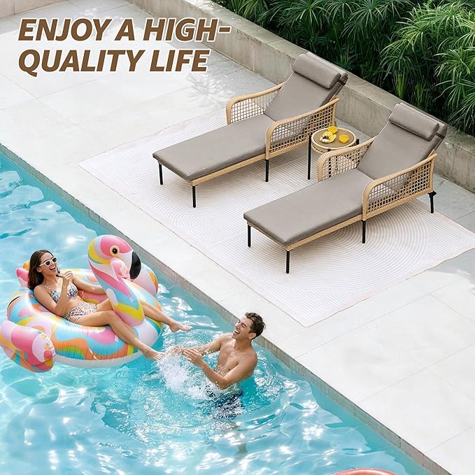 NATURAL EXPRESSIONS Aluminum Outdoor Chaise Lounge Chairs, Wicker Patio Lounge Chair Set of 2 with Side Table, 5-Position Recliner with Headrest Cushion for Yard, Pool (Shale)