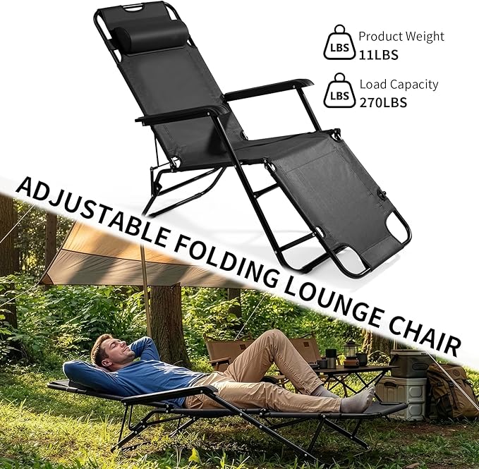 Outdoor Folding Chaise Lounge Chair, Patio Sun Lounger Reclining Beach Chair Sun Patio Pool Lawn Recliner Chair (Black)