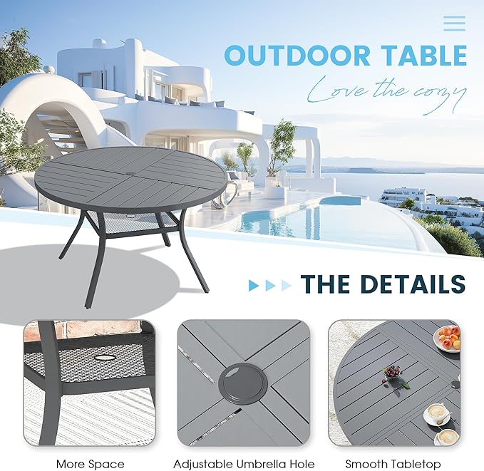 Patio Dining Table for 4-6, Round Metal Outdoor Table with Storage Shelf, 1.57" Umbrella Hole, 47" Outdoor Quartered Tabletop Dining Table for Backyard, Porch, Lawn, Dark Grey