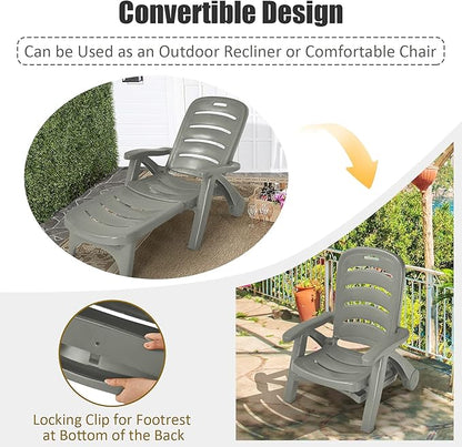 Tangkula Outdoor Chaise Lounge Chair, Adjustable 5-Position Recliner Chair with Built-in Wheels, Weather-Resistance Folding Lounge for Patio, Backyard, Poolside and Beach (1, Grey)