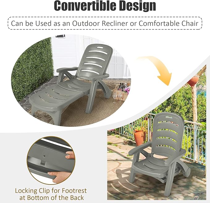 Tangkula Outdoor Chaise Lounge Chair, Adjustable 5-Position Recliner Chair with Built-in Wheels, Weather-Resistance Folding Lounge for Patio, Backyard, Poolside and Beach (2, Grey)