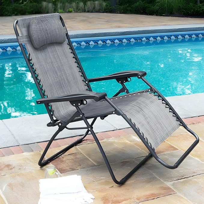 Caravan Sports Zero Gravity Outdoor Portable Folding Camping Lawn Deck Patio Pool Recliner Lounge Chair for Adults, Adjustable Headrest, Gray