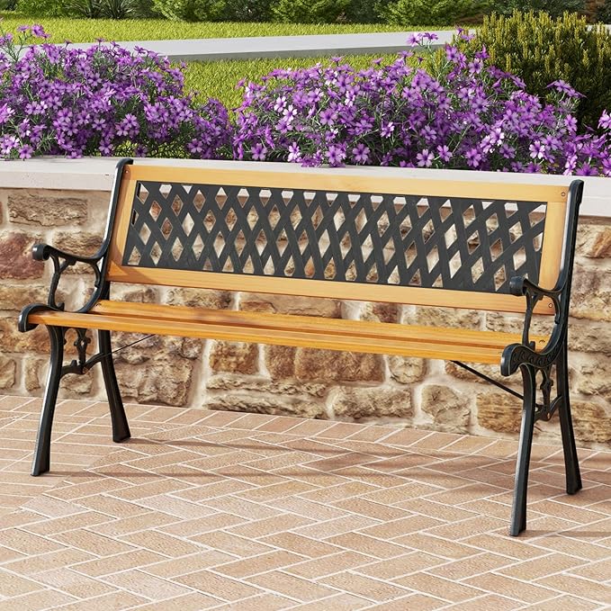 Tangkula Outdoor Garden Bench Park Bench, Patio Bench Chair with Cast Iron & Hardwood Structure, Weather Proof Porch Outdoor Furniture Loveseat, Perfect for Backyard, Deck, Lawn, Poolside
