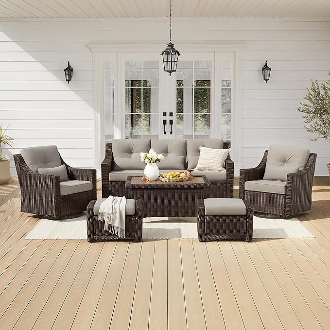 CHITA 6 Pieces Wicker Patio Furniture Set, Outdoor Conversation Set with 2 Pieces Rattan Rocking Swivel Chairs - Photo 1