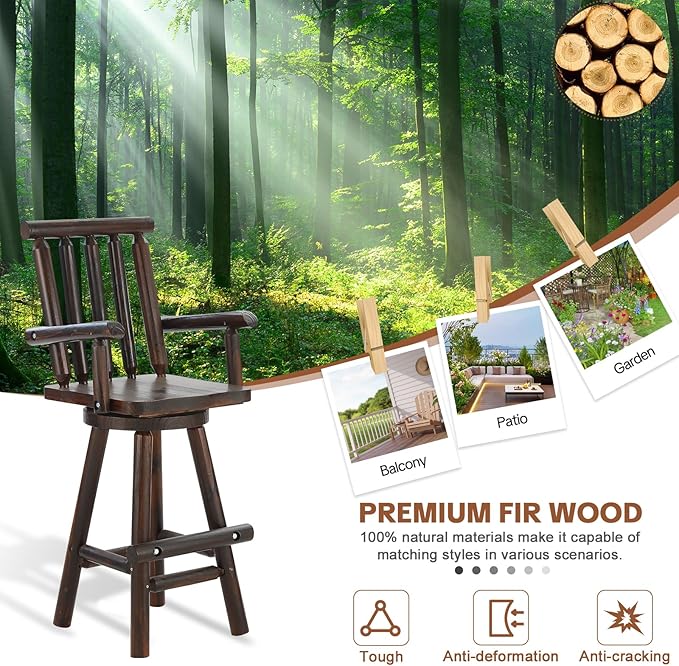 HOMEDIARY Outdoor Solid Wood Swivel Bar Stool, Oversized Patio Log Bar Height Chair with High Back - Photo 9