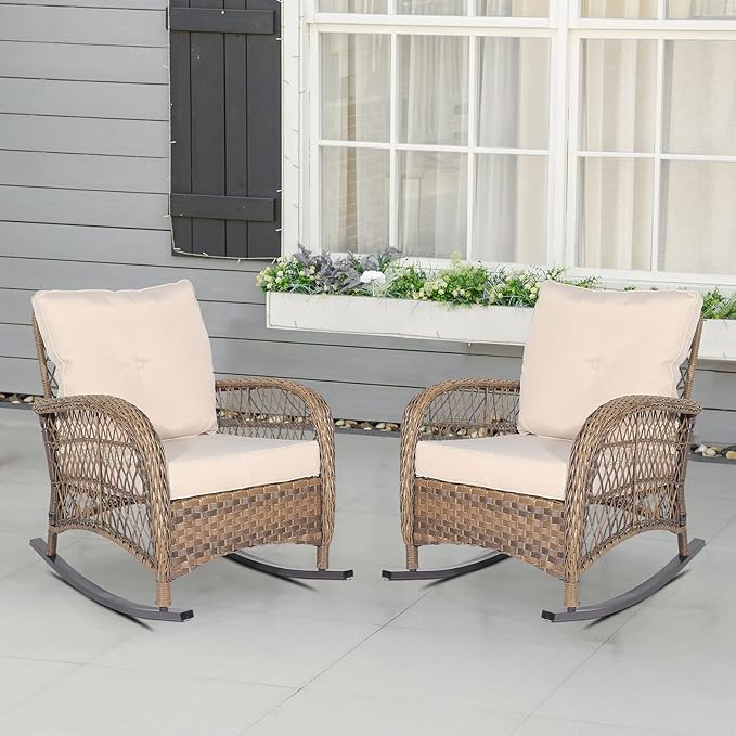 Outdoor Wicker Rocking Chair with Thickened Cushions, All-Weather Rattan Patio Rocking Chairs - Photo 7