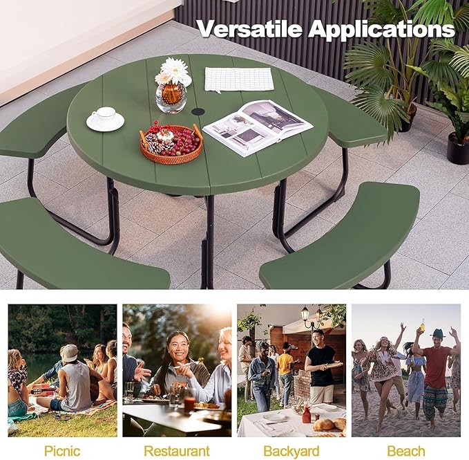Round Picnic Table for Outdoors, 8 Person Outdoor Picnic Tables & Benches Set with Umbrella Hole - Photo 8