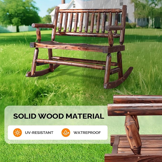 VINGLI Fir Wood Double Rocking Chair for Porch & Garden - 550lb Capacity Weather-Resistant Outdoor Glider Bench with High Backrest, Patio Rocker for Couples Backyard, Deck, Rustic