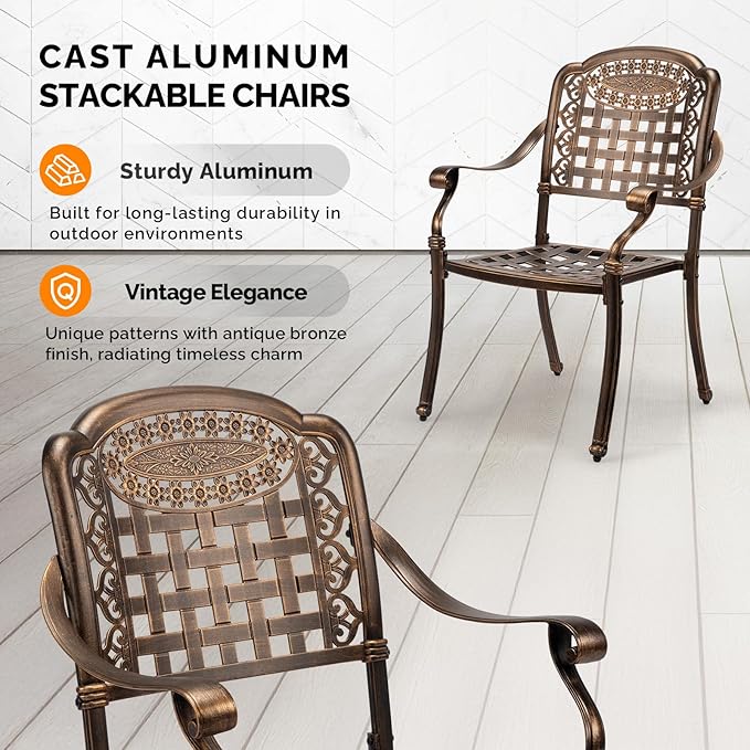 VINGLI Patio Chairs Set of 2 - Stackable Outdoor Cast Aluminum Dining Chairs with Vintage Bronze Finish and Plaid Pattern, Metal Armchairs for Poolside, Backyard, Balcony (No Cushion)