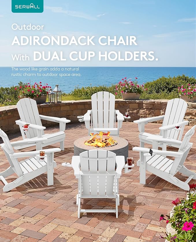 SERWALL Folding Adirondack Chair, Dual Cup Holders & All-Weather HDPE, Wood-Like Patio Chair for Backyard - Photo 7