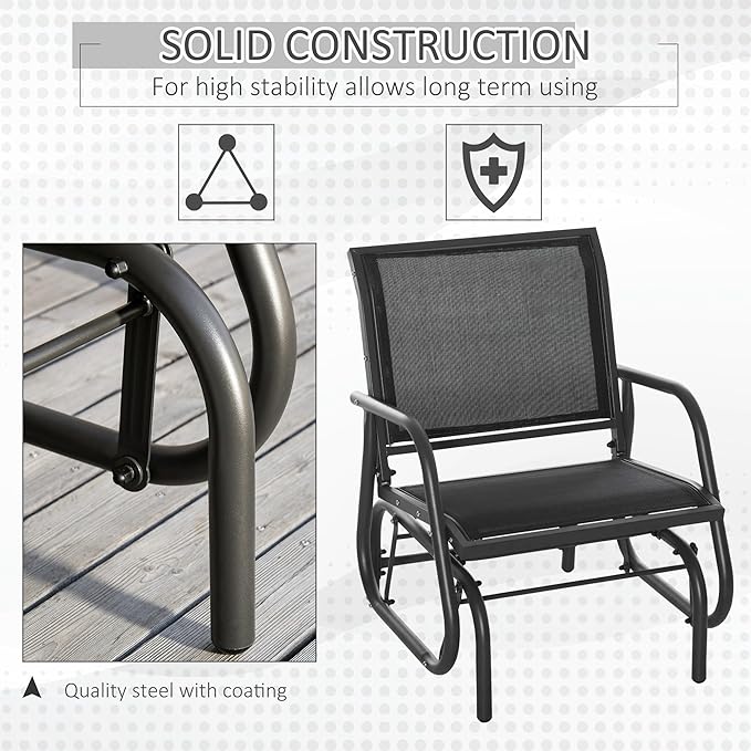 Outsunny Porch Glider, Metal Frame Swing Glider Chair with Breathable Mesh Fabric, Steel Frame and Curved Armrests for Garden, Poolside, Backyard, Balcony, Black