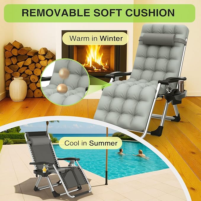 Suteck Zero Gravity Chair, Reclining Camping Lounge Chair w/Removable Cushion, Upgraded Lock and Cup Holder - Photo 4
