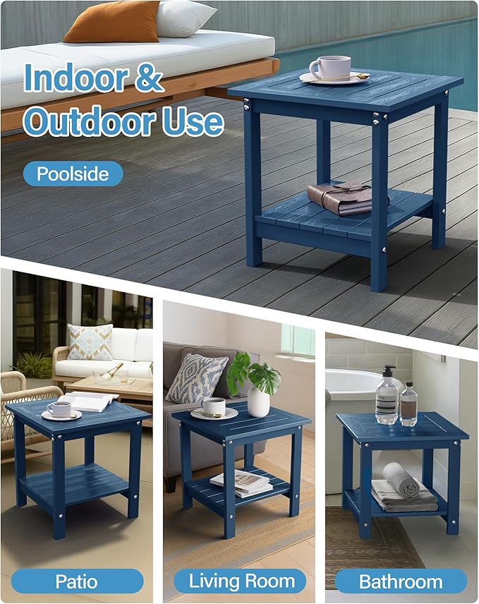 YEFU Outdoor Side Table for Patio: 16x16 in HIPS Square Outdoor End Table - 2-Tier Adirondack Tables for Patio Porch Poolside Living Room Beach Bedroom, Navy