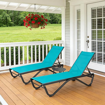 Kozyard Outdoor Chaise Lounge Chair, Full Aluminum Frame and Textilene Fabric, Adjustable Reclining Patio Lounger for Poolside, Sunbathing & Backyard(Aqua, 2Chairs with Table)