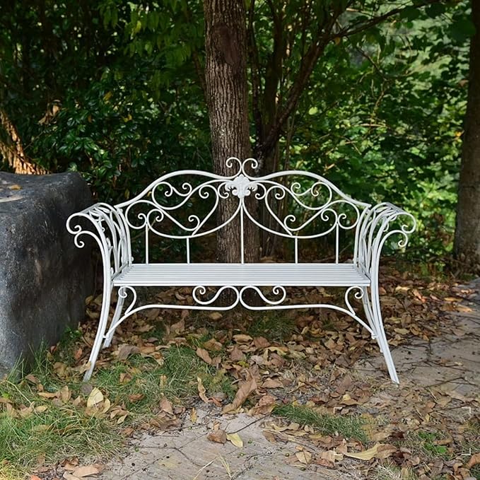 Outdoor Metal Garden Bench Chair Doubel Seat with Decorative Cast Iron Backrest, Balcony Park Bench, for Garden, Yard, Patio, Porch and Sunroom (Color : White)