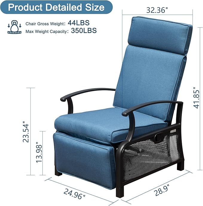 Domi Adjustable Patio Recliner Chair Metal Outdoor Lounge Chair with Flip Table Push Back, Adjustable Angle, Removable Cushions, Support 350lbs, Navy Blue