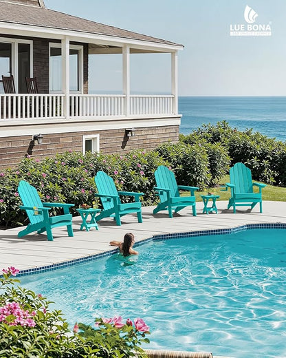 LUE BONA Folding Adirondack Chair, Chairs Set of 2, Cup Holder, Woodgrain, Fire Pit, Patio, Pool, Aruba Blue