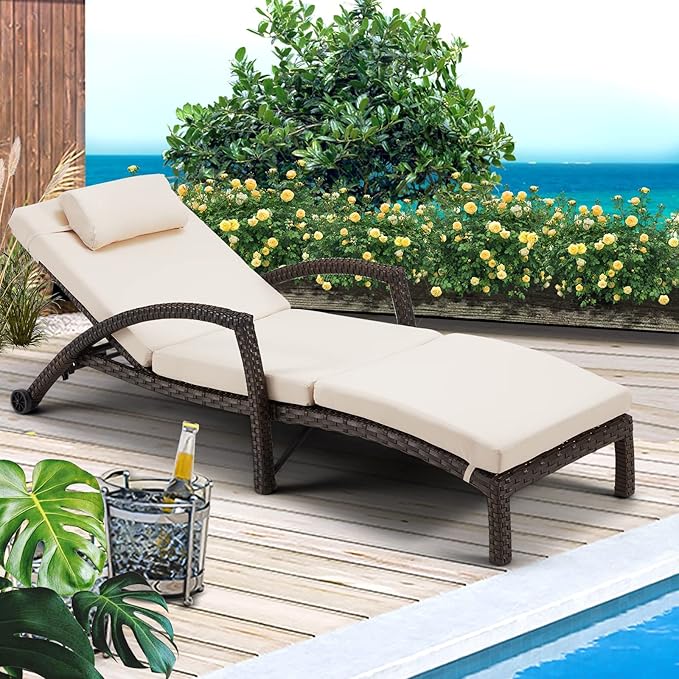 HOMREST Chaise Lounge Chairs Set of 4, PE Rattan Wicker Lounge Chair with Arm and Wheels for Poolside,Khaki