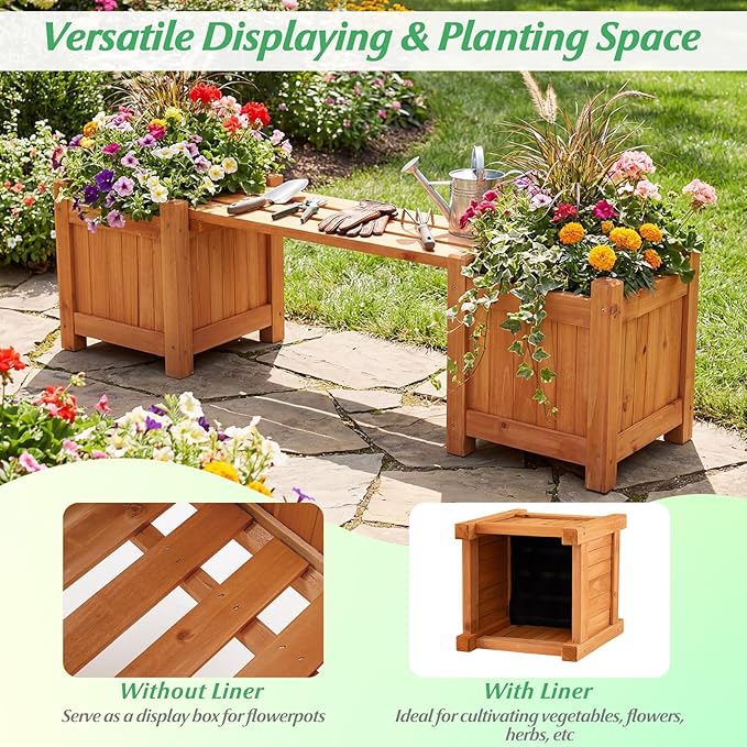 HAPPYGRILL Outdoor Bench with 2 Raised Garden Beds, 2-in-1 Outdoor Planter Box with Open-Ended Base, Wooden Garden Bench for Flowerpots, Indoor Patio Yard Porch Decoration (1)