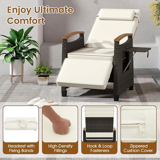 LDAILY Moccha Wicker Outdoor Recliner Chair - Rattan Lounge Chair with Adjustable Backrest & Footrest, Flip Side Table - Photo 7