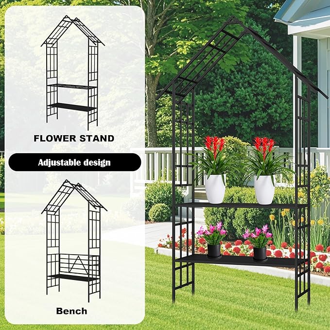 Convertible Metal Garden Bench & Trellis 58" W, Outdoor Seating with Plant Stand, Steel Arbor for Roses, Ivy, Jasmine