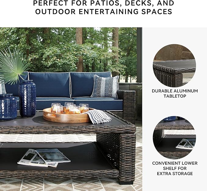 Signature Design by Ashley Grasson Lane Outdoor Wicker Cocktail Table with Aluminum Frame, Brown