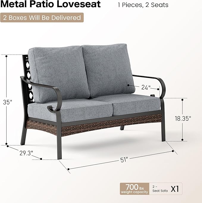 Metal Patio Furniture Loveseat with 5.75" Extra Thick Waterproof Cushion, 2-Seater Deep Seating & High-Back Black Outdoor Couch All Weather Outdoor Seating for Gazebo Porch, Gray