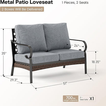 Metal Patio Furniture Loveseat with 5.75" Extra Thick Waterproof Cushion, 2-Seater Deep Seating & High-Back Black Outdoor Couch All Weather Outdoor Seating for Gazebo Porch, Gray