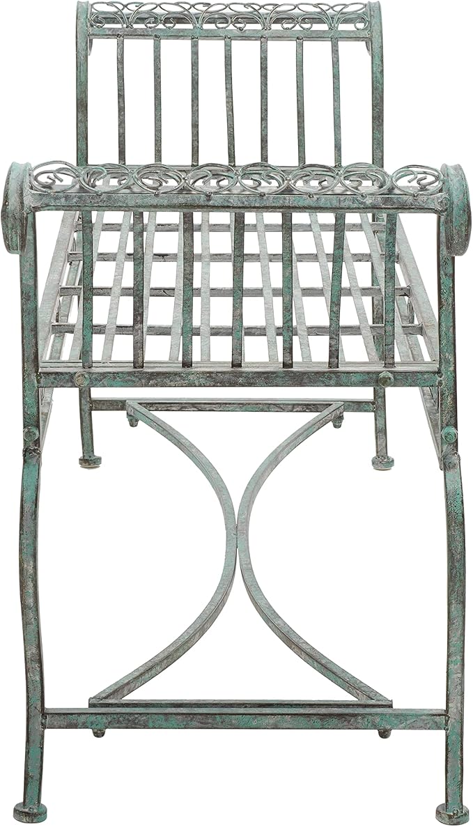 SAFAVIEH Outdoor Collection Brielle Victorian Scroll Antique Dark Green Wrought Iron Bench