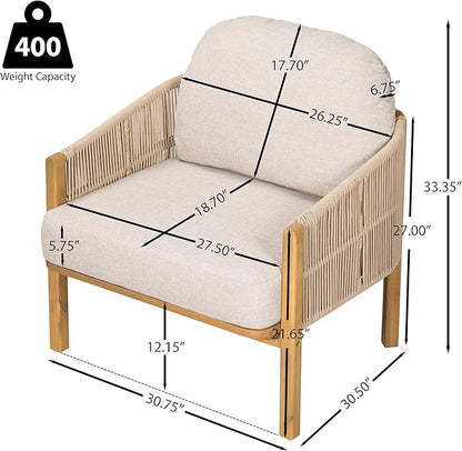 Christopher Knight Home Grotta Acacia Wood Patio Accent Chair Set of 2, Wooden Lounge Chair Outdoor, Outdoor Barrel Chair with Rope Weave+Removable Cushion, Curved Backrest Lounge Sofa, Beige+Teak