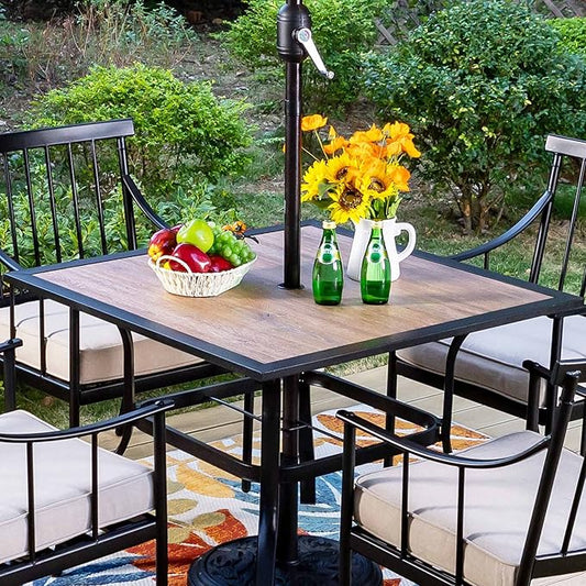 Sophia & William 37" Square Outdoor Dining Table with Umbrella Hole, Imitation of Wooden Surface Patio Dining Table for Lawn Garden, Sturdy Metal Steel Frame with Wood-Like Table top