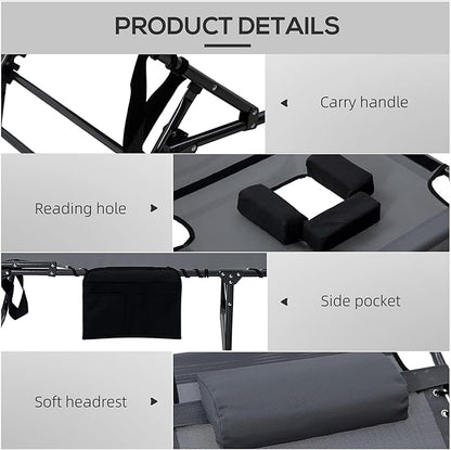Outsunny 2 Piece Folding Chaise Lounge with 5-Level Reclining Back, Tanning Chair with Face Hole, Outdoor Lounge Chair with Side Pocket & Headrest for Beach, Yard, Patio, Gray