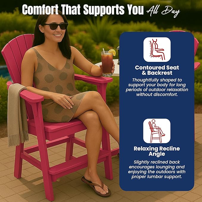 Phat Tommy Tall Adirondack Chair - HDPE Outdoor Furniture - Poly Adirondack Bar Stool - Heavy, Stress Free Furniture for Balcony, Deck, Patio, Front Porch, Cranberry Red