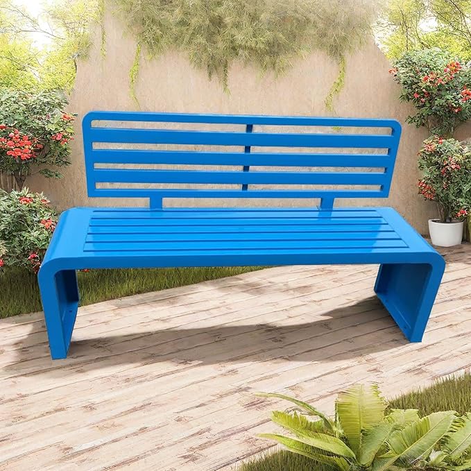Outdoor Metal Garden Bench,Weather Proof Porch Path Chair,with Backrest,park Benches，Patio Seating For 2-3 Person,Slatted Seat, Patio Yard Bench For Poolside,Balcony,Entryway,blue(L47"x W15" x H32")