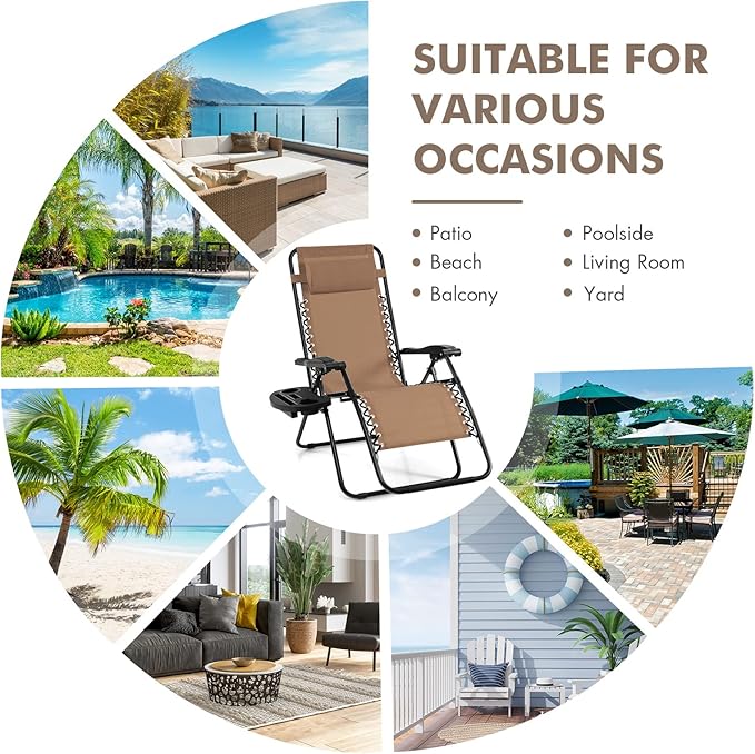 Giantex 2 PCS Zero Gravity Chair Patio Chaise Lounge Chairs Outdoor Yard Pool Recliner Folding Lounge Chair with Cup - Photo 8