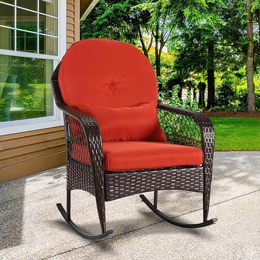 Outdoor Wicker Rocking Chair, 2 Piece PE Rattan Rocker Set with Cushion & Pillow, Outdoor Rocking Furniture for Garden, Porch, Backyard, Poolside (Brown Rattan+ Orange Cushion)