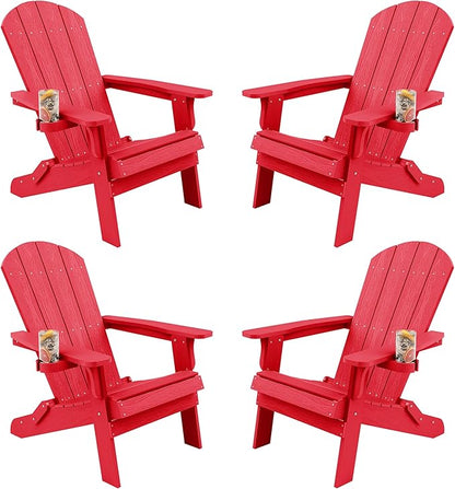YEFU Adirondack Chair, Foldable Oversized Plastic Adirondack Chair Set of 4 with Cup Holder, Patio Chair with Weather Resistant for Outside Deck Lawn, Weight Capacity Up to 400 Lbs –Red